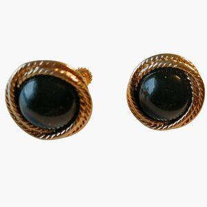 Napier Gold Rope Earrings Vintage Black Cabochon Clip On Screw Back